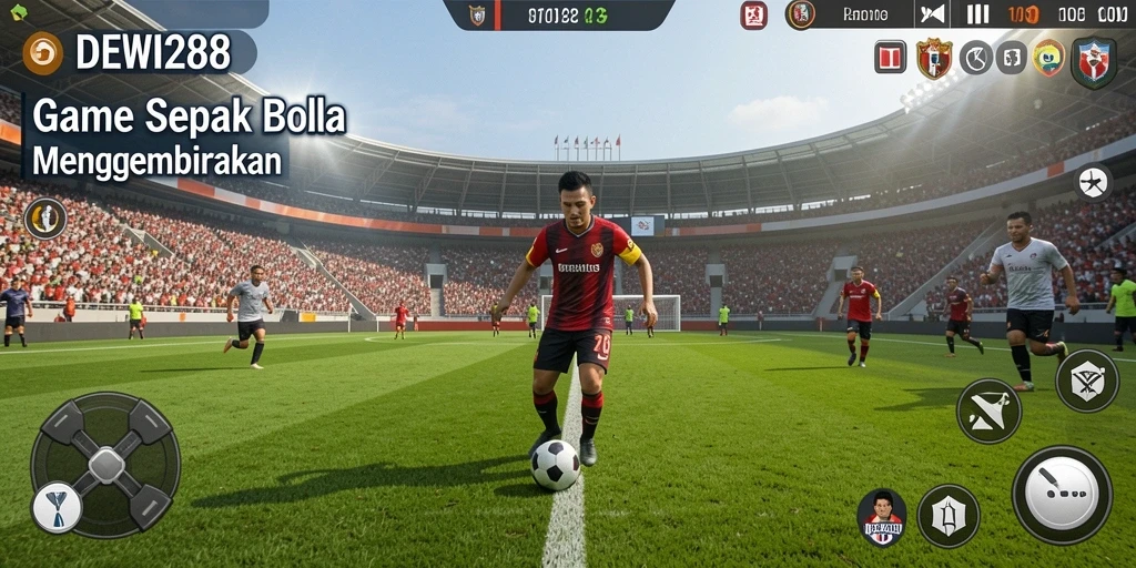 Screenshot gameplay DEWI288 menunjukkan aksi seru di lapangan sepak bola.